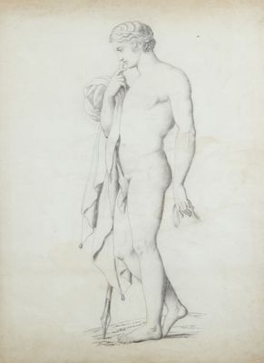 an old drawing of a man standing with his hand in his pocket
