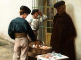 a painting of a couple of men standing outside of a building