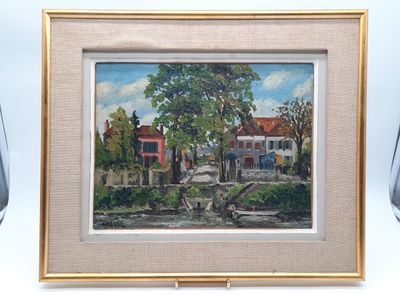 tableau encadré représentant une petite ville au bord d'une rivière
