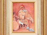 an oil painting of a man sitting on a chair with drums