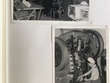 two black and white photos of people working on machines in a factory
