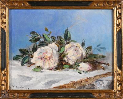 an oil painting of two white roses on a white cloth