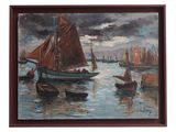 painting of boats in the water with a cloudy sky in the background