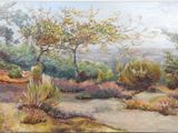 painting of a landscape with trees and bushes in the foreground