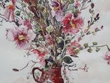 a painting of flowers in a vase on a table