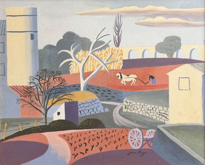 an image of a painting of a farm scene with a horse drawn carriage