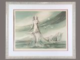 painting of a woman in a white dress standing on a beach