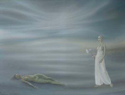 a painting of a woman standing next to a mermaid