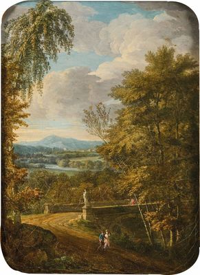 une image représentant un tableau représentant un paysage boisé avec des personnages au premier plan