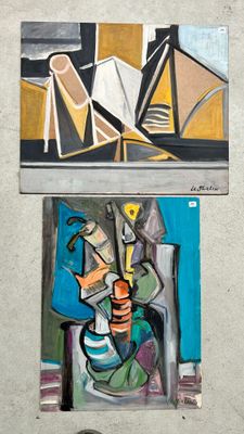 painting of a man sitting on a chair next to a painting of a woman