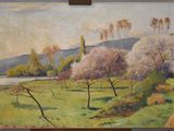 peinture représentant un paysage avec des arbres et une rivière au loin