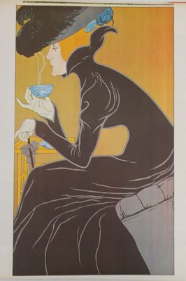 a painting of a woman sitting at a table with a cup of coffee