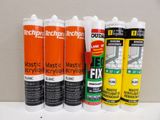several different types of construction adhesives are lined up on a shelf