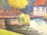 a painting of a bridge over a river with a house in the background