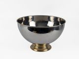 a close up of a metal bowl on a white background