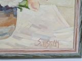 a painting of flowers in a vase on a table