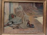 a painting of a man and a woman sitting on the ground