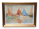 a painting of boats in the water with a sky background