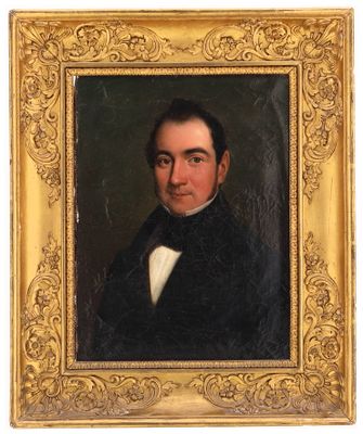 un tableau représentant un homme en costume noir et nœud papillon