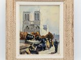 tableau représentant un groupe de personnes debout devant une église