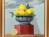 an oil painting of a bowl of lemons on a table with a slice of lemon