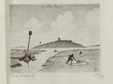 three drawings of people in a boat on a body of water with a mountain in the background