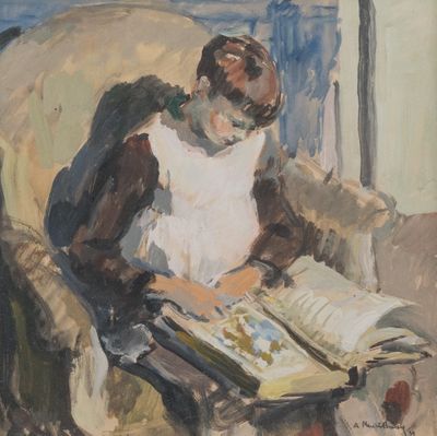 painting of a woman sitting in a chair reading a book