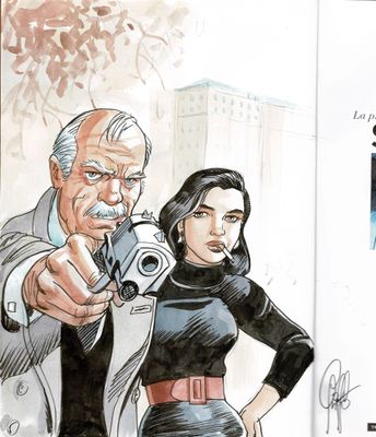 une image représentant un dessin d'un homme et d'une femme tenant des armes à feu