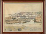 une image d'une peinture représentant une scène de port avec des bateaux dans l'eau
