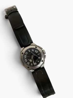 an image of a black watch with roman numerals on a white background