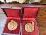 two gold medals in a red velvet case on a wooden table