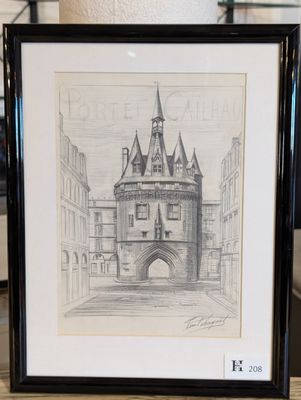 un vieux dessin représentant un château, encadré et posé sur une table