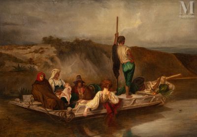 painting of a group of people on a boat in a body of water