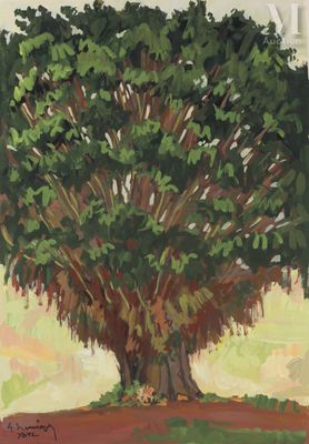 an oil painting of a large tree in a grassy field