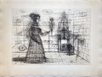 a drawing of a woman standing in front of a building