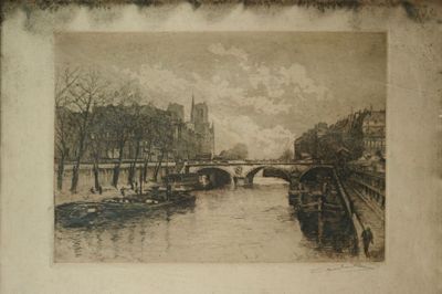 a picture of a picture of a river with a bridge in the background