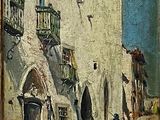 painting of a street scene with a person walking down the street