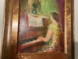 a painting of a woman sitting at a piano