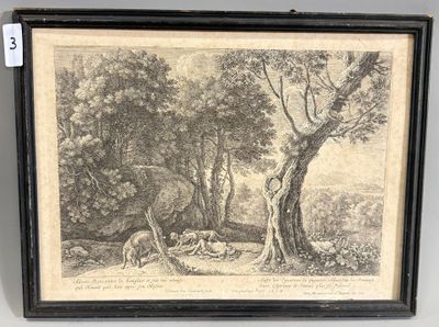 une image représentant un dessin d'une scène boisée avec des moutons et des arbres