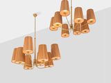 a chandelier made of wood and a lamp shade