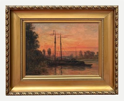 une peinture à l'huile représentant un voilier sur l'eau au coucher du soleil
