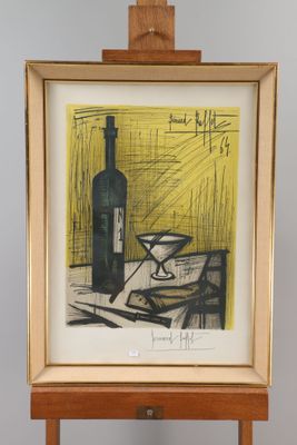 tableau représentant une nature morte avec une bouteille de vin posée sur une table