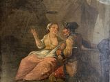 un vieux tableau représentant un homme et une femme assis dans une tente