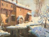 an oil painting of a house in the snow by a river