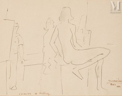 dessin représentant une femme assise sur un tabouret devant un miroir