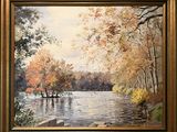un tableau représentant une rivière avec des arbres et un bateau