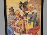 tableau représentant un groupe de femmes debout les unes à côté des autres devant un bâtiment