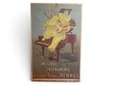 an old poster of a woman sitting on a piano playing a musical instrument