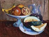 a painting of a bowl of fruit on a table