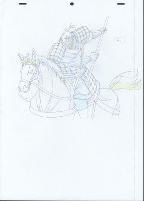 a drawing of a man riding a horse with a sword